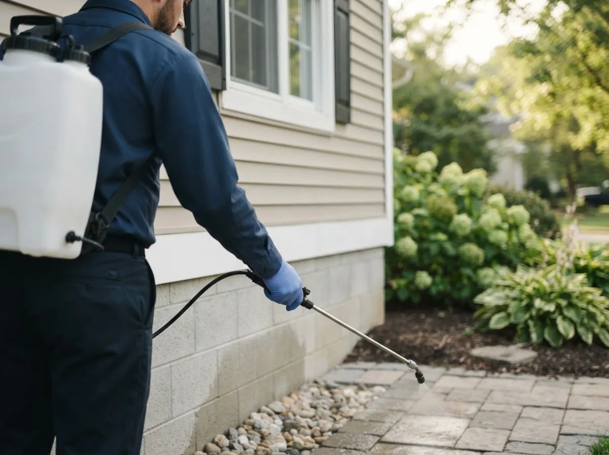 Pest control technician inspecting a home in Polo, IL